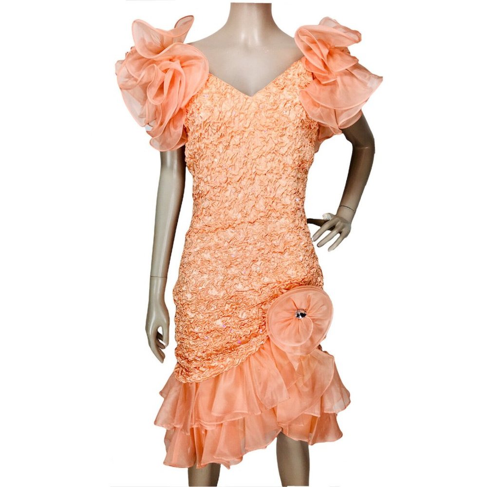 Vintage 80's Je Woo's by Hanna Lee Peach Popcorn Mermaid Dress Huge Puff…